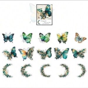 Blue, Green,  and Teal Butterfly & Floral Moon Transparent Stickers Pack of 30